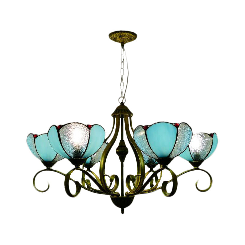Yellow/Blue Scalloped Chandelier Lamp Tiffany 3/6/8 Lights Stained Glass Hanging Light Fixture Clearhalo 'Ceiling Lights' 'Chandeliers' 'Industrial' 'Middle Century Chandeliers' 'Tiffany Chandeliers' 'Tiffany close to ceiling' 'Tiffany' Lighting' 296038
