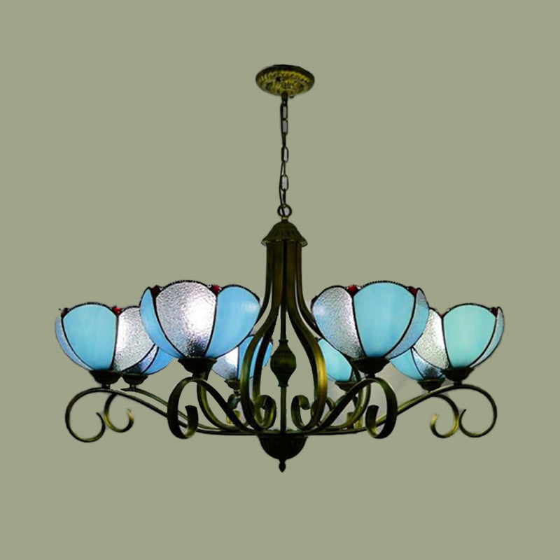Yellow/Blue Scalloped Chandelier Lamp Tiffany 3/6/8 Lights Stained Glass Hanging Light Fixture 8 Blue Clearhalo 'Ceiling Lights' 'Chandeliers' 'Industrial' 'Middle Century Chandeliers' 'Tiffany Chandeliers' 'Tiffany close to ceiling' 'Tiffany' Lighting' 296039
