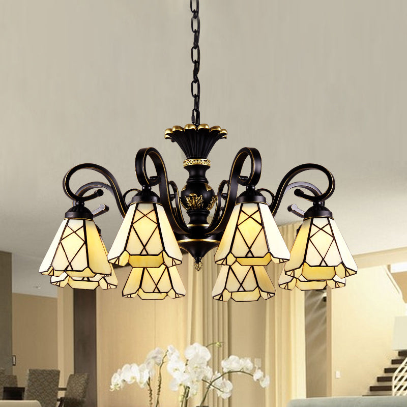 Yellow Glass Cone Chandelier Lighting Baroque 5/6/8 Lights Black Ceiling Suspension Lamp 8 Yellow Clearhalo 'Ceiling Lights' 'Chandeliers' 'Industrial' 'Middle Century Chandeliers' 'Tiffany Chandeliers' 'Tiffany close to ceiling' 'Tiffany' Lighting' 296047