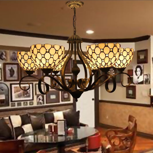 Beige 3/6/8 Lights Pendant Chandelier Mediterranean Stained Glass Jeweled Suspension Lamp, 25.5"/34"/37.5" W Beige 34" Clearhalo 'Ceiling Lights' 'Chandeliers' 'Industrial' 'Middle Century Chandeliers' 'Tiffany Chandeliers' 'Tiffany close to ceiling' 'Tiffany' Lighting' 296050