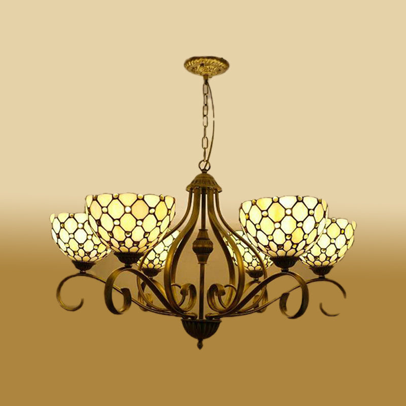 Beige 3/6/8 Lights Pendant Chandelier Mediterranean Stained Glass Jeweled Suspension Lamp, 25.5"/34"/37.5" W Clearhalo 'Ceiling Lights' 'Chandeliers' 'Industrial' 'Middle Century Chandeliers' 'Tiffany Chandeliers' 'Tiffany close to ceiling' 'Tiffany' Lighting' 296051