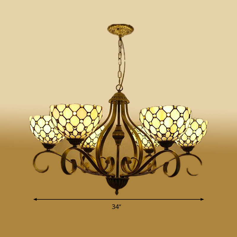 Beige 3/6/8 Lights Pendant Chandelier Mediterranean Stained Glass Jeweled Suspension Lamp, 25.5"/34"/37.5" W Clearhalo 'Ceiling Lights' 'Chandeliers' 'Industrial' 'Middle Century Chandeliers' 'Tiffany Chandeliers' 'Tiffany close to ceiling' 'Tiffany' Lighting' 296052