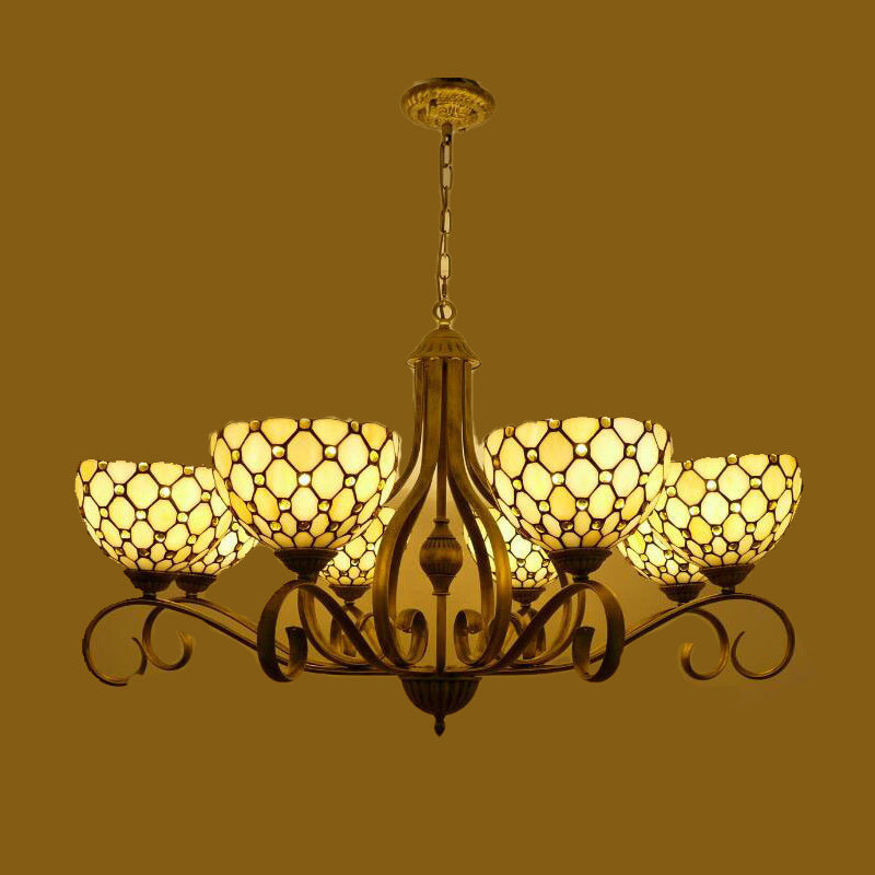 Beige 3/6/8 Lights Pendant Chandelier Mediterranean Stained Glass Jeweled Suspension Lamp, 25.5"/34"/37.5" W Beige 37.5" Clearhalo 'Ceiling Lights' 'Chandeliers' 'Industrial' 'Middle Century Chandeliers' 'Tiffany Chandeliers' 'Tiffany close to ceiling' 'Tiffany' Lighting' 296056