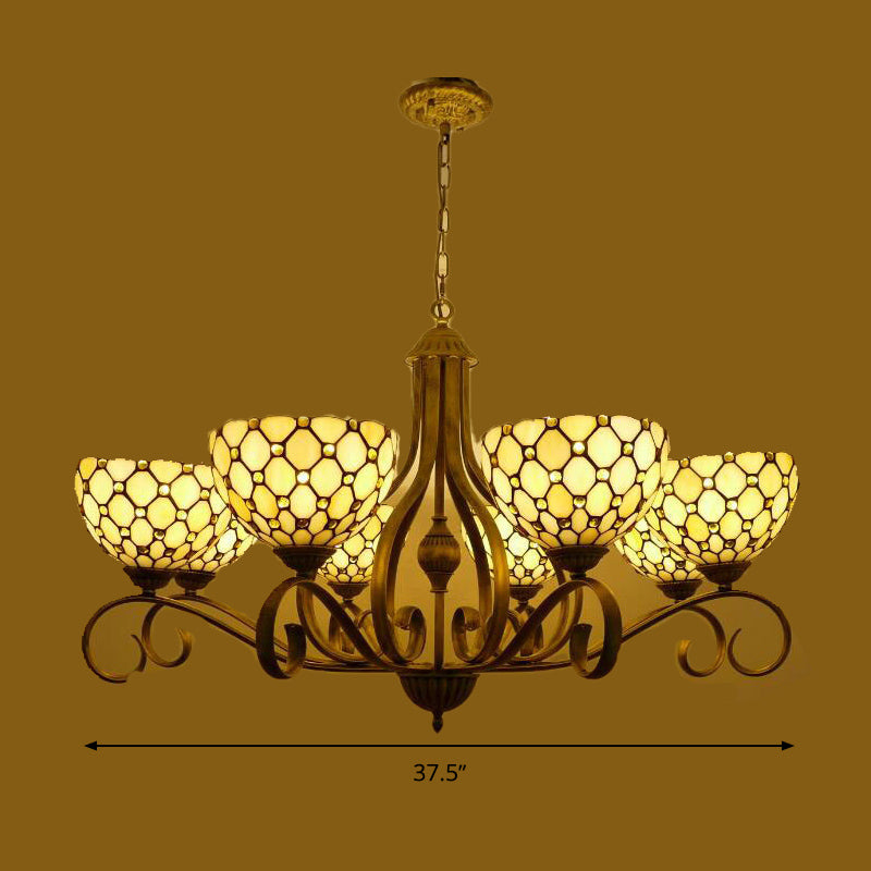 Beige 3/6/8 Lights Pendant Chandelier Mediterranean Stained Glass Jeweled Suspension Lamp, 25.5"/34"/37.5" W Clearhalo 'Ceiling Lights' 'Chandeliers' 'Industrial' 'Middle Century Chandeliers' 'Tiffany Chandeliers' 'Tiffany close to ceiling' 'Tiffany' Lighting' 296057