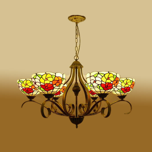 Flower Stained Glass Ceiling Chandelier Mediterranean 3/6/8 Lights Antique Brass Hanging Pendant 6 Antique Brass Clearhalo 'Ceiling Lights' 'Chandeliers' 'Industrial' 'Middle Century Chandeliers' 'Tiffany Chandeliers' 'Tiffany close to ceiling' 'Tiffany' Lighting' 296068