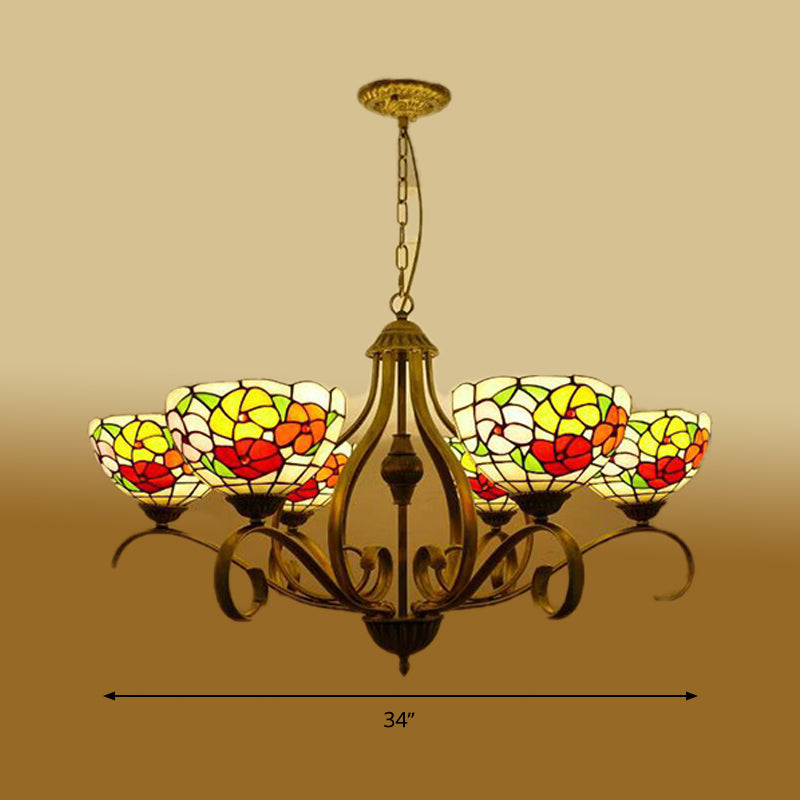 Flower Stained Glass Ceiling Chandelier Mediterranean 3/6/8 Lights Antique Brass Hanging Pendant Clearhalo 'Ceiling Lights' 'Chandeliers' 'Industrial' 'Middle Century Chandeliers' 'Tiffany Chandeliers' 'Tiffany close to ceiling' 'Tiffany' Lighting' 296069