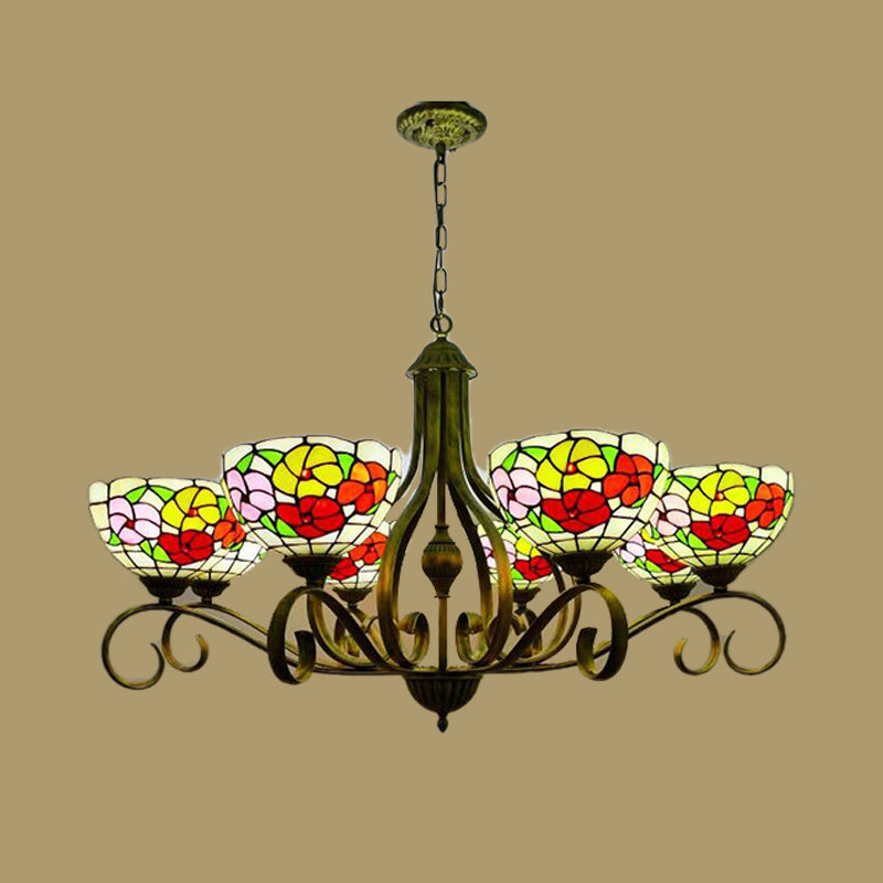 Flower Stained Glass Ceiling Chandelier Mediterranean 3/6/8 Lights Antique Brass Hanging Pendant 8 Antique Brass Clearhalo 'Ceiling Lights' 'Chandeliers' 'Industrial' 'Middle Century Chandeliers' 'Tiffany Chandeliers' 'Tiffany close to ceiling' 'Tiffany' Lighting' 296070
