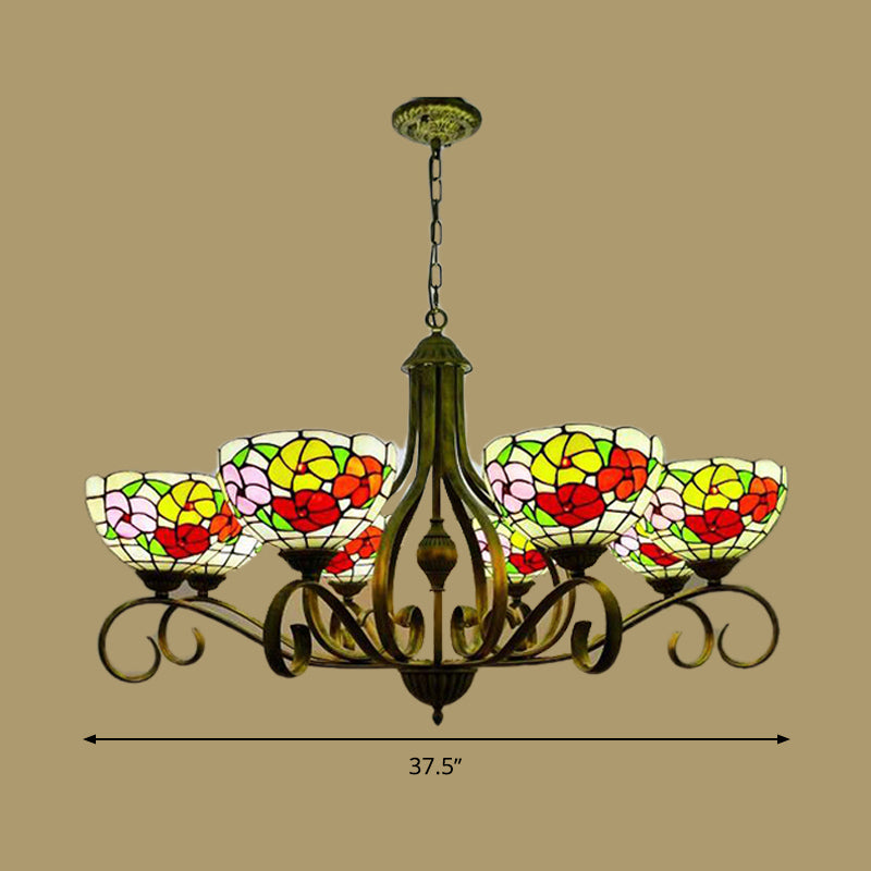 Flower Stained Glass Ceiling Chandelier Mediterranean 3/6/8 Lights Antique Brass Hanging Pendant Clearhalo 'Ceiling Lights' 'Chandeliers' 'Industrial' 'Middle Century Chandeliers' 'Tiffany Chandeliers' 'Tiffany close to ceiling' 'Tiffany' Lighting' 296071