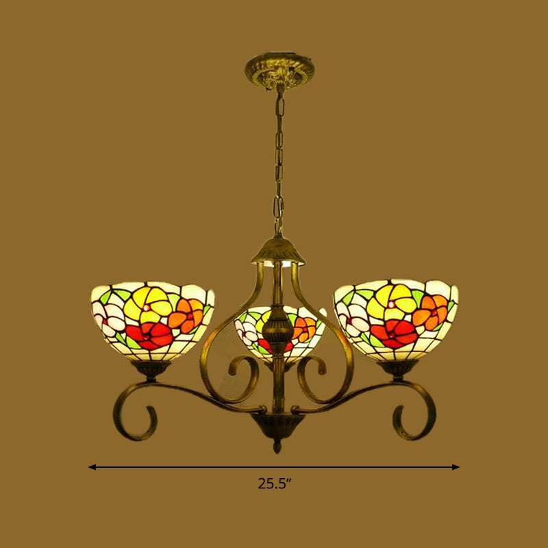 Flower Stained Glass Ceiling Chandelier Mediterranean 3/6/8 Lights Antique Brass Hanging Pendant Clearhalo 'Ceiling Lights' 'Chandeliers' 'Industrial' 'Middle Century Chandeliers' 'Tiffany Chandeliers' 'Tiffany close to ceiling' 'Tiffany' Lighting' 296073