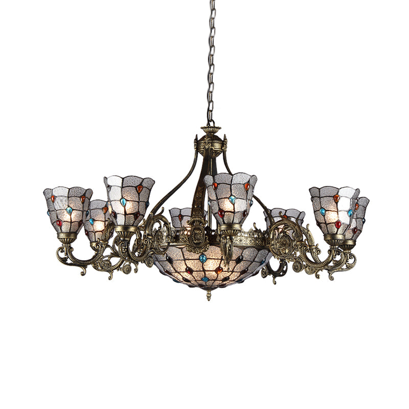 Antique Bronze 3/6/11 Lights Chandelier Lighting Fixture Mediterranean Cut Glass Jeweled Ceiling Lamp Clearhalo 'Ceiling Lights' 'Chandeliers' 'Industrial' 'Middle Century Chandeliers' 'Tiffany Chandeliers' 'Tiffany close to ceiling' 'Tiffany' Lighting' 296085
