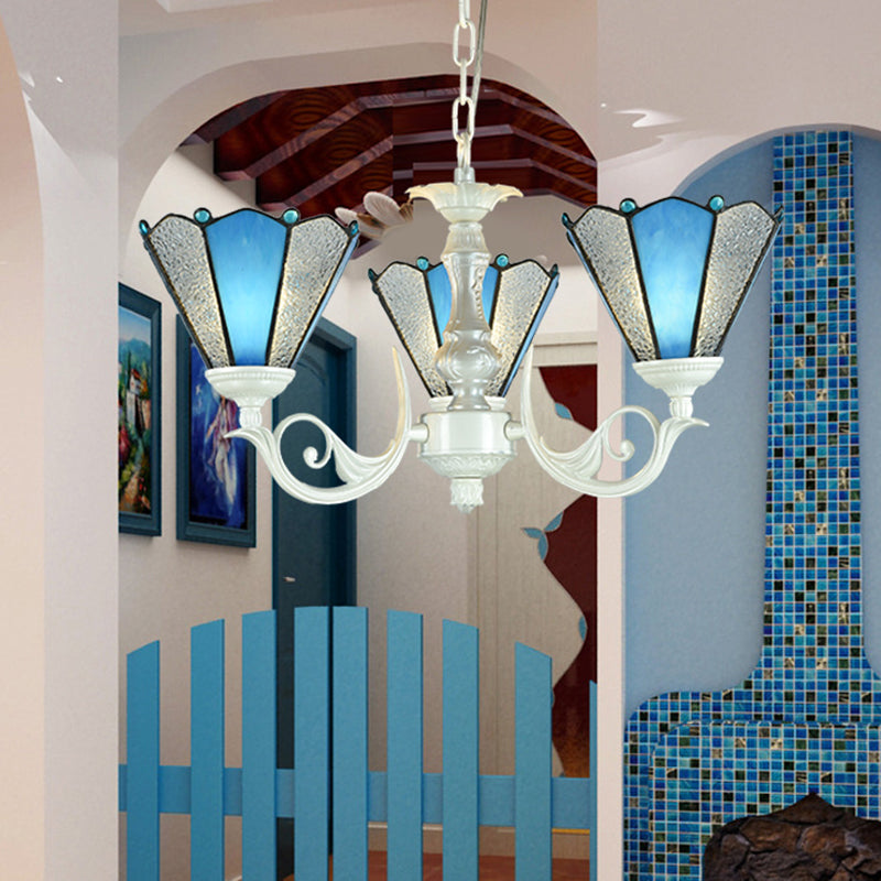 Conical Blue Frosted Glass Chandelier Lamp Baroque 3/9/11 Lights Cream Hanging Pendant Light for Living Room 3 Blue Clearhalo 'Ceiling Lights' 'Chandeliers' 'Industrial' 'Middle Century Chandeliers' 'Tiffany Chandeliers' 'Tiffany close to ceiling' 'Tiffany' Lighting' 296087