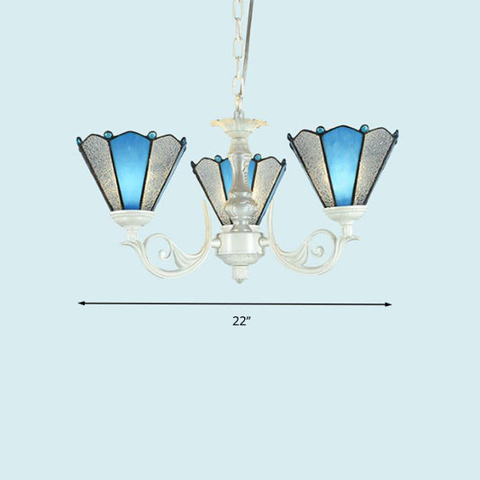Conical Blue Frosted Glass Chandelier Lamp Baroque 3/9/11 Lights Cream Hanging Pendant Light for Living Room Clearhalo 'Ceiling Lights' 'Chandeliers' 'Industrial' 'Middle Century Chandeliers' 'Tiffany Chandeliers' 'Tiffany close to ceiling' 'Tiffany' Lighting' 296089