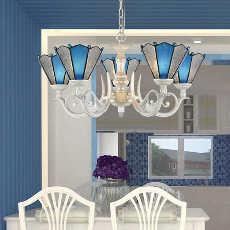 Conical Blue Frosted Glass Chandelier Lamp Baroque 3/9/11 Lights Cream Hanging Pendant Light for Living Room 5 Blue Clearhalo 'Ceiling Lights' 'Chandeliers' 'Industrial' 'Middle Century Chandeliers' 'Tiffany Chandeliers' 'Tiffany close to ceiling' 'Tiffany' Lighting' 296092
