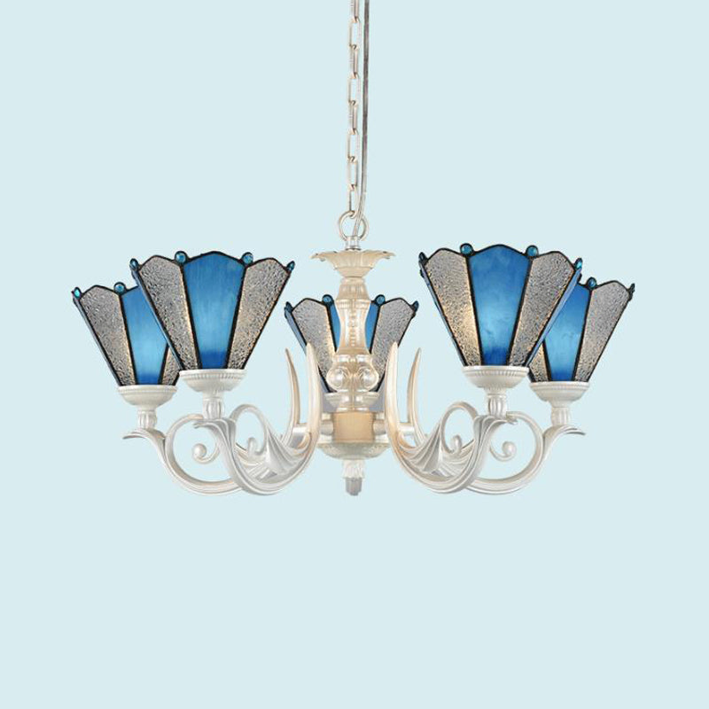 Conical Blue Frosted Glass Chandelier Lamp Baroque 3/9/11 Lights Cream Hanging Pendant Light for Living Room Clearhalo 'Ceiling Lights' 'Chandeliers' 'Industrial' 'Middle Century Chandeliers' 'Tiffany Chandeliers' 'Tiffany close to ceiling' 'Tiffany' Lighting' 296093