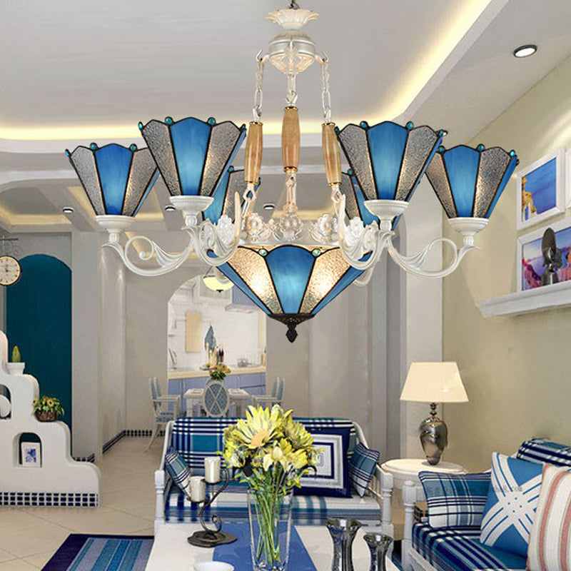 Conical Blue Frosted Glass Chandelier Lamp Baroque 3/9/11 Lights Cream Hanging Pendant Light for Living Room 9 Blue Clearhalo 'Ceiling Lights' 'Chandeliers' 'Industrial' 'Middle Century Chandeliers' 'Tiffany Chandeliers' 'Tiffany close to ceiling' 'Tiffany' Lighting' 296095