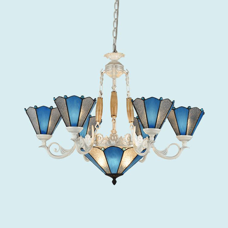 Conical Blue Frosted Glass Chandelier Lamp Baroque 3/9/11 Lights Cream Hanging Pendant Light for Living Room Clearhalo 'Ceiling Lights' 'Chandeliers' 'Industrial' 'Middle Century Chandeliers' 'Tiffany Chandeliers' 'Tiffany close to ceiling' 'Tiffany' Lighting' 296096