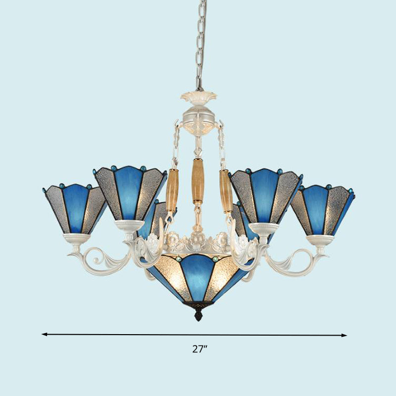 Conical Blue Frosted Glass Chandelier Lamp Baroque 3/9/11 Lights Cream Hanging Pendant Light for Living Room Clearhalo 'Ceiling Lights' 'Chandeliers' 'Industrial' 'Middle Century Chandeliers' 'Tiffany Chandeliers' 'Tiffany close to ceiling' 'Tiffany' Lighting' 296097
