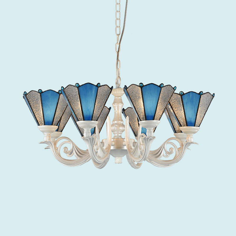 Conical Blue Frosted Glass Chandelier Lamp Baroque 3/9/11 Lights Cream Hanging Pendant Light for Living Room 8 Blue Clearhalo 'Ceiling Lights' 'Chandeliers' 'Industrial' 'Middle Century Chandeliers' 'Tiffany Chandeliers' 'Tiffany close to ceiling' 'Tiffany' Lighting' 296098