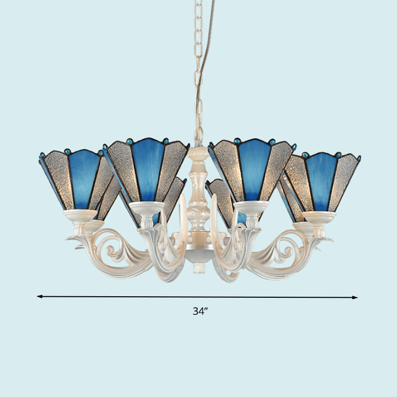 Conical Blue Frosted Glass Chandelier Lamp Baroque 3/9/11 Lights Cream Hanging Pendant Light for Living Room Clearhalo 'Ceiling Lights' 'Chandeliers' 'Industrial' 'Middle Century Chandeliers' 'Tiffany Chandeliers' 'Tiffany close to ceiling' 'Tiffany' Lighting' 296099