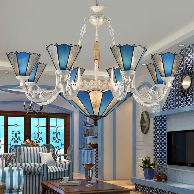 Conical Blue Frosted Glass Chandelier Lamp Baroque 3/9/11 Lights Cream Hanging Pendant Light for Living Room 11 Blue Clearhalo 'Ceiling Lights' 'Chandeliers' 'Industrial' 'Middle Century Chandeliers' 'Tiffany Chandeliers' 'Tiffany close to ceiling' 'Tiffany' Lighting' 296100