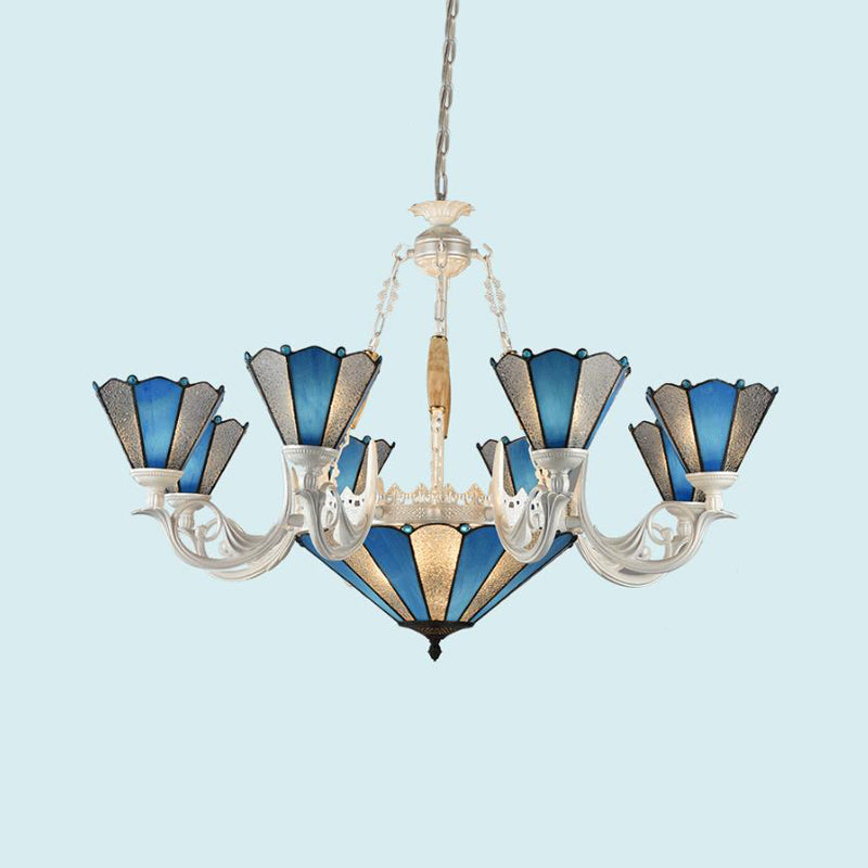 Conical Blue Frosted Glass Chandelier Lamp Baroque 3/9/11 Lights Cream Hanging Pendant Light for Living Room Clearhalo 'Ceiling Lights' 'Chandeliers' 'Industrial' 'Middle Century Chandeliers' 'Tiffany Chandeliers' 'Tiffany close to ceiling' 'Tiffany' Lighting' 296101