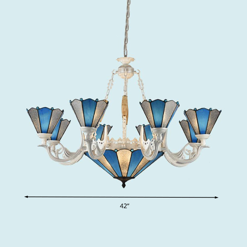 Conical Blue Frosted Glass Chandelier Lamp Baroque 3/9/11 Lights Cream Hanging Pendant Light for Living Room Clearhalo 'Ceiling Lights' 'Chandeliers' 'Industrial' 'Middle Century Chandeliers' 'Tiffany Chandeliers' 'Tiffany close to ceiling' 'Tiffany' Lighting' 296102