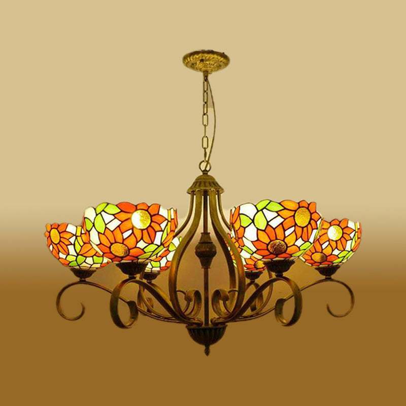Stained Glass Antique Brass Chandelier Light Fixture Sunflower 3/6/8 Lights Tiffany Style Drop Pendant, 25.5"/34"/37.5" W Clearhalo 'Ceiling Lights' 'Chandeliers' 'Industrial' 'Middle Century Chandeliers' 'Tiffany Chandeliers' 'Tiffany close to ceiling' 'Tiffany' Lighting' 296104