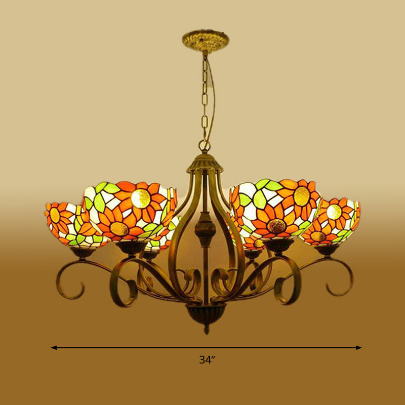 Stained Glass Antique Brass Chandelier Light Fixture Sunflower 3/6/8 Lights Tiffany Style Drop Pendant, 25.5"/34"/37.5" W Clearhalo 'Ceiling Lights' 'Chandeliers' 'Industrial' 'Middle Century Chandeliers' 'Tiffany Chandeliers' 'Tiffany close to ceiling' 'Tiffany' Lighting' 296105