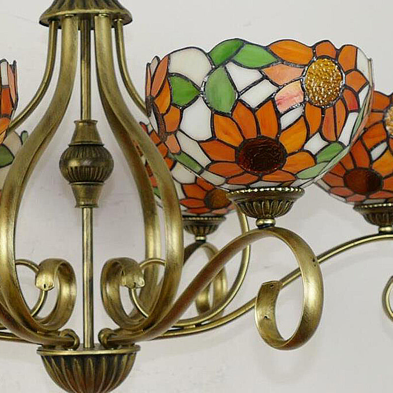 Stained Glass Antique Brass Chandelier Light Fixture Sunflower 3/6/8 Lights Tiffany Style Drop Pendant, 25.5"/34"/37.5" W Clearhalo 'Ceiling Lights' 'Chandeliers' 'Industrial' 'Middle Century Chandeliers' 'Tiffany Chandeliers' 'Tiffany close to ceiling' 'Tiffany' Lighting' 296106