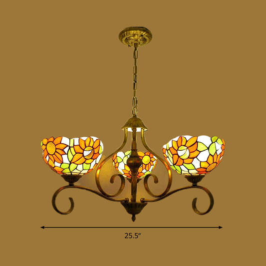 Stained Glass Antique Brass Chandelier Light Fixture Sunflower 3/6/8 Lights Tiffany Style Drop Pendant, 25.5"/34"/37.5" W Clearhalo 'Ceiling Lights' 'Chandeliers' 'Industrial' 'Middle Century Chandeliers' 'Tiffany Chandeliers' 'Tiffany close to ceiling' 'Tiffany' Lighting' 296110