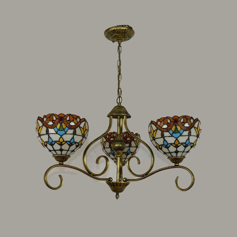 Domed Shaped Hanging Chandelier 3/6/8 Lights Stained Glass Tiffany Pendant Lighting Fixture in Antique Brass 3 Antique Brass Clearhalo 'Ceiling Lights' 'Chandeliers' 'Industrial' 'Middle Century Chandeliers' 'Tiffany Chandeliers' 'Tiffany close to ceiling' 'Tiffany' Lighting' 296111