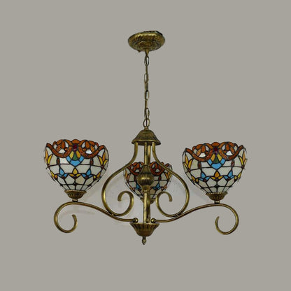 Domed Shaped Hanging Chandelier 3/6/8 Lights Stained Glass Tiffany Pendant Lighting Fixture in Antique Brass 3 Antique Brass Clearhalo 'Ceiling Lights' 'Chandeliers' 'Industrial' 'Middle Century Chandeliers' 'Tiffany Chandeliers' 'Tiffany close to ceiling' 'Tiffany' Lighting' 296111