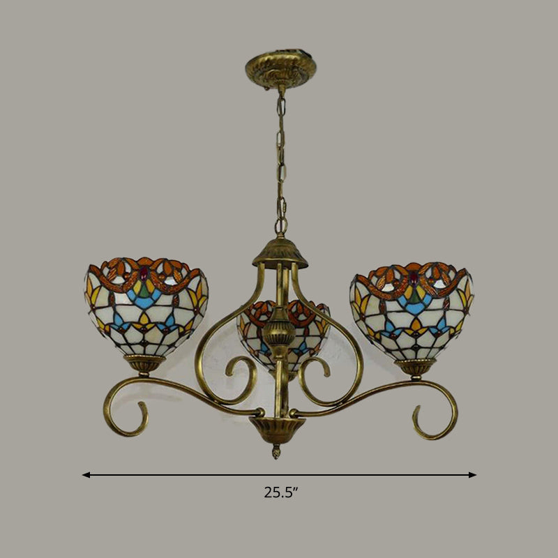 Domed Shaped Hanging Chandelier 3/6/8 Lights Stained Glass Tiffany Pendant Lighting Fixture in Antique Brass Clearhalo 'Ceiling Lights' 'Chandeliers' 'Industrial' 'Middle Century Chandeliers' 'Tiffany Chandeliers' 'Tiffany close to ceiling' 'Tiffany' Lighting' 296112