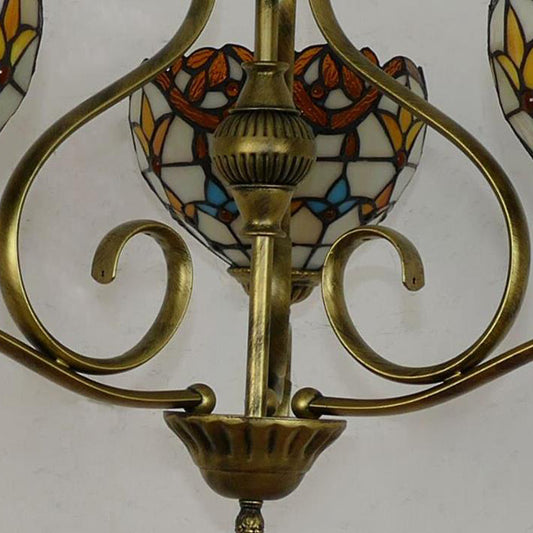 Domed Shaped Hanging Chandelier 3/6/8 Lights Stained Glass Tiffany Pendant Lighting Fixture in Antique Brass Clearhalo 'Ceiling Lights' 'Chandeliers' 'Industrial' 'Middle Century Chandeliers' 'Tiffany Chandeliers' 'Tiffany close to ceiling' 'Tiffany' Lighting' 296114