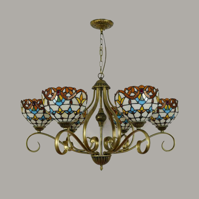 Domed Shaped Hanging Chandelier 3/6/8 Lights Stained Glass Tiffany Pendant Lighting Fixture in Antique Brass 6 Antique Brass Clearhalo 'Ceiling Lights' 'Chandeliers' 'Industrial' 'Middle Century Chandeliers' 'Tiffany Chandeliers' 'Tiffany close to ceiling' 'Tiffany' Lighting' 296115
