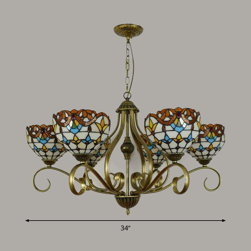 Domed Shaped Hanging Chandelier 3/6/8 Lights Stained Glass Tiffany Pendant Lighting Fixture in Antique Brass Clearhalo 'Ceiling Lights' 'Chandeliers' 'Industrial' 'Middle Century Chandeliers' 'Tiffany Chandeliers' 'Tiffany close to ceiling' 'Tiffany' Lighting' 296116