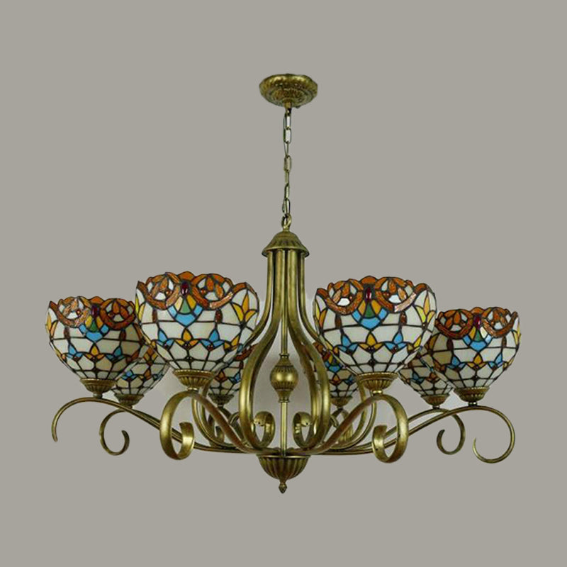 Domed Shaped Hanging Chandelier 3/6/8 Lights Stained Glass Tiffany Pendant Lighting Fixture in Antique Brass 8 Antique Brass Clearhalo 'Ceiling Lights' 'Chandeliers' 'Industrial' 'Middle Century Chandeliers' 'Tiffany Chandeliers' 'Tiffany close to ceiling' 'Tiffany' Lighting' 296117
