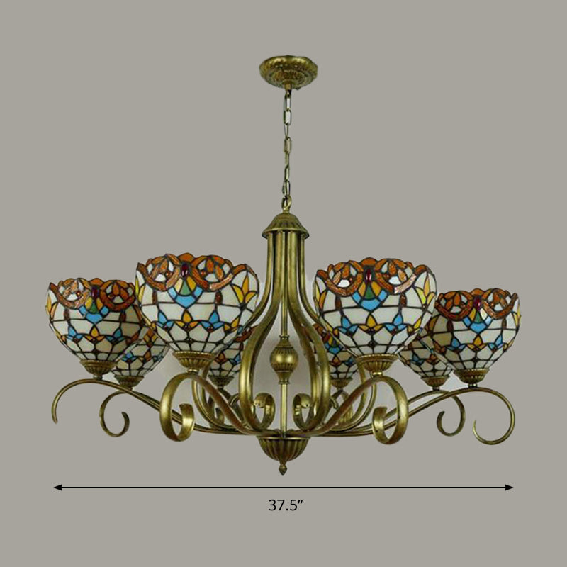 Domed Shaped Hanging Chandelier 3/6/8 Lights Stained Glass Tiffany Pendant Lighting Fixture in Antique Brass Clearhalo 'Ceiling Lights' 'Chandeliers' 'Industrial' 'Middle Century Chandeliers' 'Tiffany Chandeliers' 'Tiffany close to ceiling' 'Tiffany' Lighting' 296118