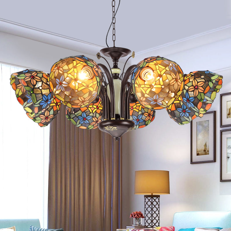 Flower Pendant Chandelier 3/6/8 Lights Cut Glass Victorian Hanging Lamp in Bronze for Living Room 8 Bronze Clearhalo 'Ceiling Lights' 'Chandeliers' 'Industrial' 'Middle Century Chandeliers' 'Tiffany Chandeliers' 'Tiffany close to ceiling' 'Tiffany' Lighting' 296119