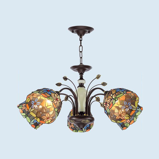 Flower Pendant Chandelier 3/6/8 Lights Cut Glass Victorian Hanging Lamp in Bronze for Living Room 5 Bronze Clearhalo 'Ceiling Lights' 'Chandeliers' 'Industrial' 'Middle Century Chandeliers' 'Tiffany Chandeliers' 'Tiffany close to ceiling' 'Tiffany' Lighting' 296124