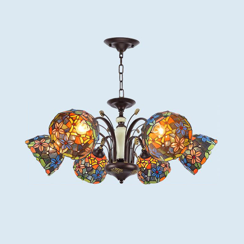 Flower Pendant Chandelier 3/6/8 Lights Cut Glass Victorian Hanging Lamp in Bronze for Living Room 6 Bronze Clearhalo 'Ceiling Lights' 'Chandeliers' 'Industrial' 'Middle Century Chandeliers' 'Tiffany Chandeliers' 'Tiffany close to ceiling' 'Tiffany' Lighting' 296126