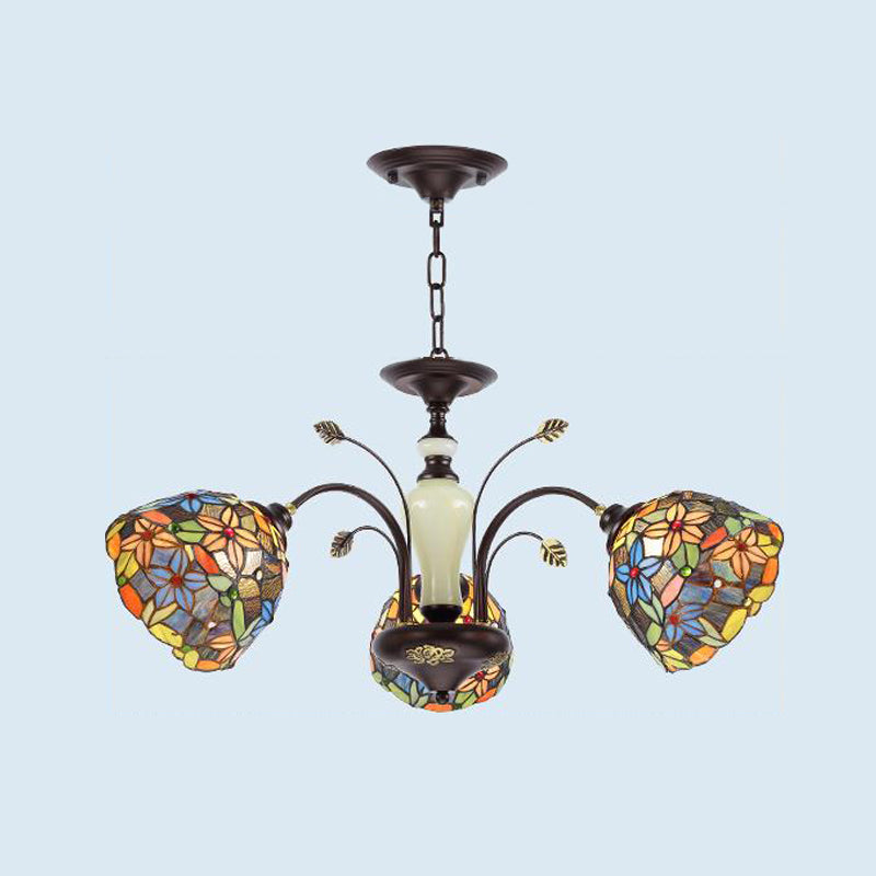 Flower Pendant Chandelier 3/6/8 Lights Cut Glass Victorian Hanging Lamp in Bronze for Living Room 3 Bronze Clearhalo 'Ceiling Lights' 'Chandeliers' 'Industrial' 'Middle Century Chandeliers' 'Tiffany Chandeliers' 'Tiffany close to ceiling' 'Tiffany' Lighting' 296128