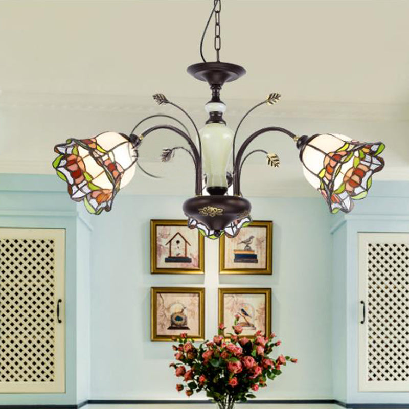 Stained Art Glass Bronze Pendant Chandelier Floral 3/6/8 Lights Tiffany Style Hanging Light Fixture for Bedroom 3 Bronze Clearhalo 'Ceiling Lights' 'Chandeliers' 'Industrial' 'Middle Century Chandeliers' 'Tiffany Chandeliers' 'Tiffany close to ceiling' 'Tiffany' Lighting' 296130