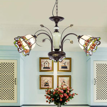 Stained Art Glass Bronze Pendant Chandelier Floral 3/6/8 Lights Tiffany Style Hanging Light Fixture for Bedroom 3 Bronze Clearhalo 'Ceiling Lights' 'Chandeliers' 'Industrial' 'Middle Century Chandeliers' 'Tiffany Chandeliers' 'Tiffany close to ceiling' 'Tiffany' Lighting' 296130