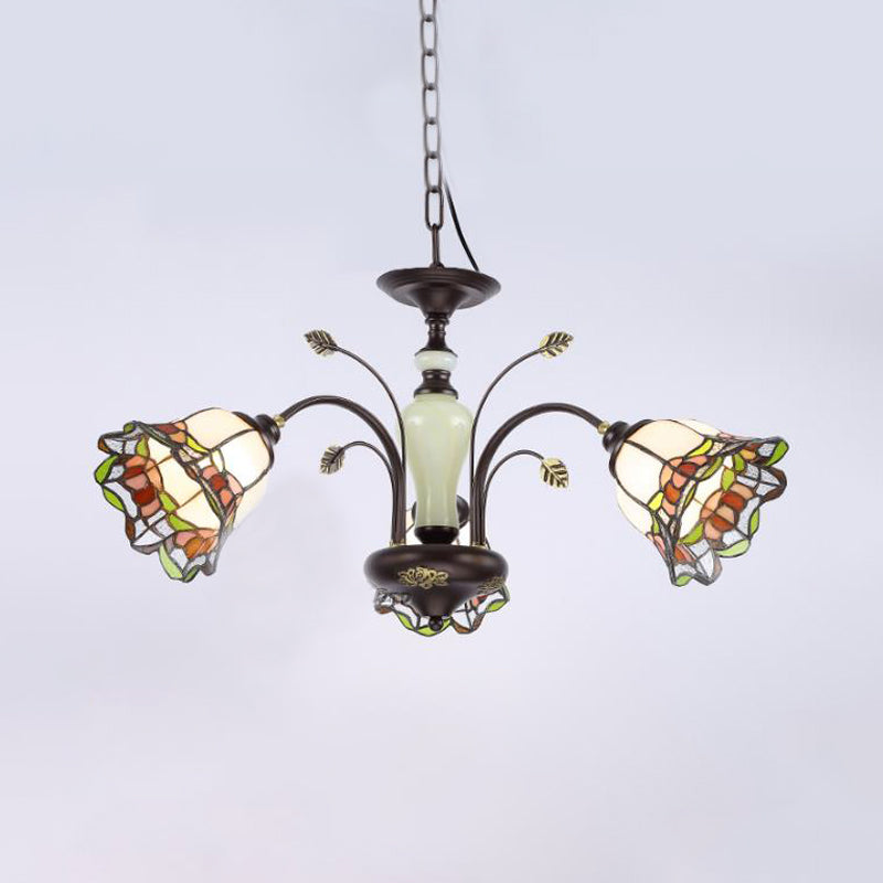 Stained Art Glass Bronze Pendant Chandelier Floral 3/6/8 Lights Tiffany Style Hanging Light Fixture for Bedroom Clearhalo 'Ceiling Lights' 'Chandeliers' 'Industrial' 'Middle Century Chandeliers' 'Tiffany Chandeliers' 'Tiffany close to ceiling' 'Tiffany' Lighting' 296131