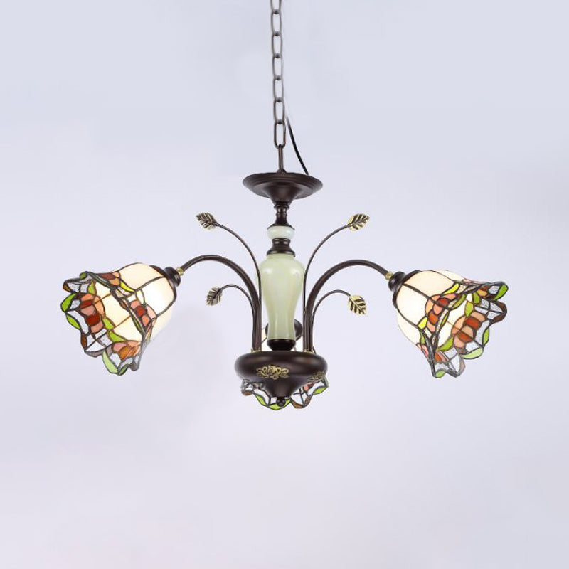 Stained Art Glass Bronze Pendant Chandelier Floral 3/6/8 Lights Tiffany Style Hanging Light Fixture for Bedroom Clearhalo 'Ceiling Lights' 'Chandeliers' 'Industrial' 'Middle Century Chandeliers' 'Tiffany Chandeliers' 'Tiffany close to ceiling' 'Tiffany' Lighting' 296131