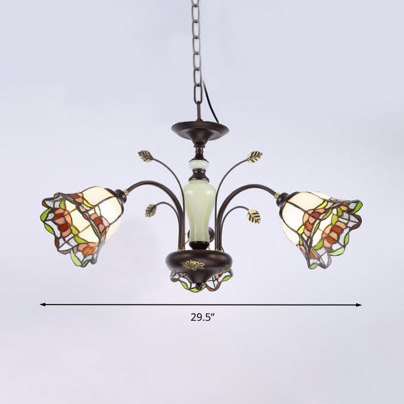 Stained Art Glass Bronze Pendant Chandelier Floral 3/6/8 Lights Tiffany Style Hanging Light Fixture for Bedroom Clearhalo 'Ceiling Lights' 'Chandeliers' 'Industrial' 'Middle Century Chandeliers' 'Tiffany Chandeliers' 'Tiffany close to ceiling' 'Tiffany' Lighting' 296132