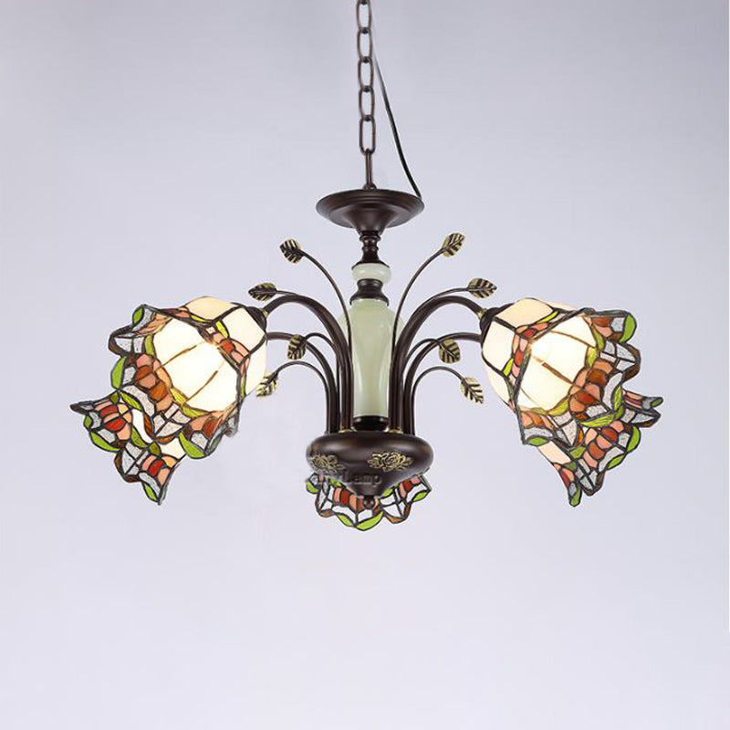 Stained Art Glass Bronze Pendant Chandelier Floral 3/6/8 Lights Tiffany Style Hanging Light Fixture for Bedroom 5 Bronze Clearhalo 'Ceiling Lights' 'Chandeliers' 'Industrial' 'Middle Century Chandeliers' 'Tiffany Chandeliers' 'Tiffany close to ceiling' 'Tiffany' Lighting' 296135