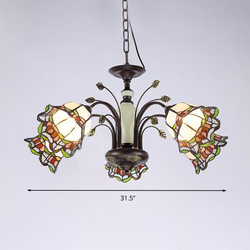 Stained Art Glass Bronze Pendant Chandelier Floral 3/6/8 Lights Tiffany Style Hanging Light Fixture for Bedroom Clearhalo 'Ceiling Lights' 'Chandeliers' 'Industrial' 'Middle Century Chandeliers' 'Tiffany Chandeliers' 'Tiffany close to ceiling' 'Tiffany' Lighting' 296136