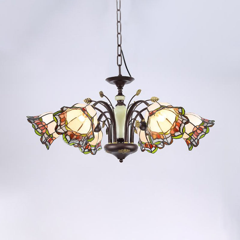 Stained Art Glass Bronze Pendant Chandelier Floral 3/6/8 Lights Tiffany Style Hanging Light Fixture for Bedroom 6 Bronze Clearhalo 'Ceiling Lights' 'Chandeliers' 'Industrial' 'Middle Century Chandeliers' 'Tiffany Chandeliers' 'Tiffany close to ceiling' 'Tiffany' Lighting' 296137